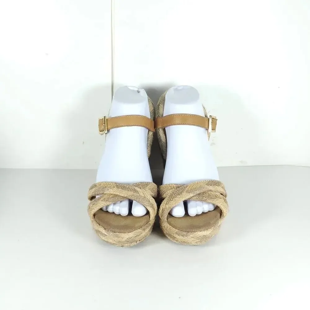 Tory Burch Camellia Women's US 8M Tan Jute Braided Rope Wedge Espadrilles